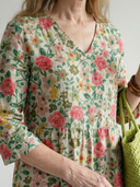 Women's Scatter Floral Print Maxi – V Neck 3/4 Sleeve Gathered Waist A-Line Casual Dress