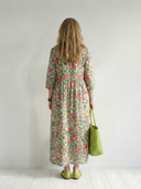 Women's Scatter Floral Print Maxi – V Neck 3/4 Sleeve Gathered Waist A-Line Casual Dress