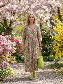 Women's Scatter Floral Print Maxi – V Neck 3/4 Sleeve Gathered Waist A-Line Casual Dress
