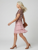 Women's Sequin Chiffon Mini – Round Neck Short Sleeve Ombre Three Tier Wedding Guest Dress