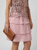 Women's Sequin Chiffon Mini – Round Neck Short Sleeve Ombre Three Tier Wedding Guest Dress