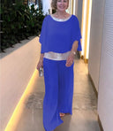 Women's Sequin Embellished Blouse and Wide Leg Pants Set – Batwing Sleeve Two Piece