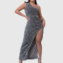 Women's Sequin Maxi Dress – One Shoulder Ruched Thigh Slit Formal Evening Gown