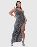 Women's Sequin Maxi Dress – One Shoulder Ruched Thigh Slit Formal Evening Gown