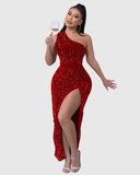 Women's Sequin Maxi Dress – One Shoulder Ruched Thigh Slit Formal Evening Gown