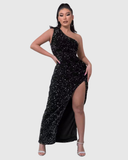 Women's Sequin Maxi Dress – One Shoulder Ruched Thigh Slit Formal Evening Gown