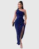 Women's Sequin Maxi Dress – One Shoulder Ruched Thigh Slit Formal Evening Gown