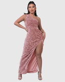 Women's Sequin Maxi Dress – One Shoulder Ruched Thigh Slit Formal Evening Gown