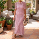 Women's Sheer Knit Maxi Dress – Short Sleeve Open Weave Crochet Long Dress