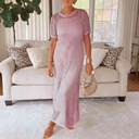 Women's Sheer Knit Maxi Dress – Short Sleeve Open Weave Crochet Long Dress