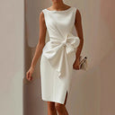 Women's Sleeveless Midi Dress – Boat Neck Oversized Bow Waist Bodycon Formal