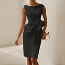 Women's Sleeveless Midi Dress – Boat Neck Oversized Bow Waist Bodycon Formal