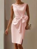 Women's Sleeveless Midi Dress – Boat Neck Oversized Bow Waist Bodycon Formal