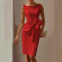 Women's Sleeveless Midi Dress – Boat Neck Oversized Bow Waist Bodycon Formal