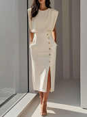 Women's Sleeveless Midi Dress – Shoulder Pad Crew Neck Gold Button Front Slit