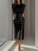 Women's Sleeveless Midi Dress – Shoulder Pad Crew Neck Gold Button Front Slit