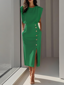 Women's Sleeveless Midi Dress – Shoulder Pad Crew Neck Gold Button Front Slit