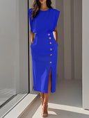 Women's Sleeveless Midi Dress – Shoulder Pad Crew Neck Gold Button Front Slit
