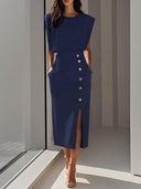 Women's Sleeveless Midi Dress – Shoulder Pad Crew Neck Gold Button Front Slit