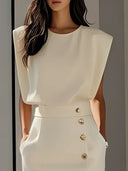 Women's Sleeveless Midi Dress – Shoulder Pad Crew Neck Gold Button Front Slit