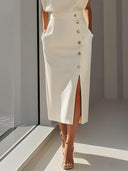 Women's Sleeveless Midi Dress – Shoulder Pad Crew Neck Gold Button Front Slit