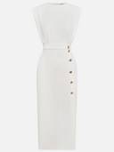 Women's Sleeveless Midi Dress – Shoulder Pad Crew Neck Gold Button Front Slit
