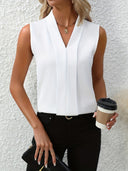 Women's Sleeveless V Neck Blouse – Pleated Front Solid Office Casual Top