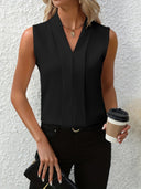 Women's Sleeveless V Neck Blouse – Pleated Front Solid Office Casual Top