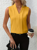 Women's Sleeveless V Neck Blouse – Pleated Front Solid Office Casual Top