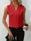 Women's Sleeveless V Neck Blouse – Pleated Front Solid Office Casual Top