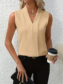 Women's Sleeveless V Neck Blouse – Pleated Front Solid Office Casual Top