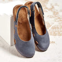 Women's Slingback Sandals – Round Toe Nubuck Upper Cork Wedge Buckle Strap Flats