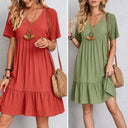 Women's Solid Babydoll Mini Dress – V Neck Short Sleeve Tiered Ruffle Hem Summer