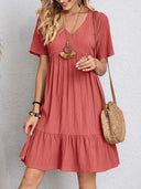 Women's Solid Babydoll Mini Dress – V Neck Short Sleeve Tiered Ruffle Hem Summer