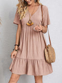 Women's Solid Babydoll Mini Dress – V Neck Short Sleeve Tiered Ruffle Hem Summer