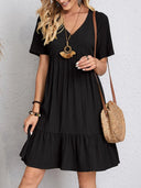 Women's Solid Babydoll Mini Dress – V Neck Short Sleeve Tiered Ruffle Hem Summer