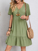 Women's Solid Babydoll Mini Dress – V Neck Short Sleeve Tiered Ruffle Hem Summer