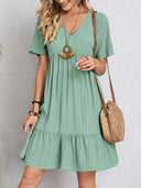 Women's Solid Babydoll Mini Dress – V Neck Short Sleeve Tiered Ruffle Hem Summer