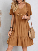 Women's Solid Babydoll Mini Dress – V Neck Short Sleeve Tiered Ruffle Hem Summer