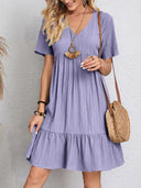 Women's Solid Babydoll Mini Dress – V Neck Short Sleeve Tiered Ruffle Hem Summer