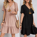 Women's Solid Babydoll Mini Dress – V Neck Short Sleeve Tiered Ruffle Hem Summer