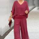 Women's Solid Batwing Sleeve Two-Piece Set – V Neck Blouson Top Wide-Leg Pants