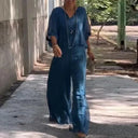 Women's Solid Batwing Sleeve Two-Piece Set – V Neck Blouson Top Wide-Leg Pants