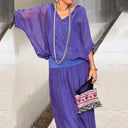 Women's Solid Batwing Sleeve Two-Piece Set – V Neck Blouson Top Wide-Leg Pants