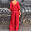 Women's Solid Batwing Sleeve Two-Piece Set – V Neck Blouson Top Wide-Leg Pants