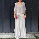 Women's Solid Batwing Sleeve Two-Piece Set – V Neck Blouson Top Wide-Leg Pants