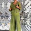 Women's Solid Batwing Sleeve Two-Piece Set – V Neck Blouson Top Wide-Leg Pants