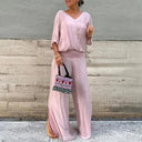 Women's Solid Batwing Sleeve Two-Piece Set – V Neck Blouson Top Wide-Leg Pants
