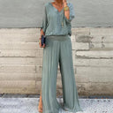 Women's Solid Batwing Sleeve Two-Piece Set – V Neck Blouson Top Wide-Leg Pants
