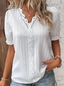 Women's Solid Blouse – V-Neck Lace Trim Puff Sleeve Pleated Front Summer Top